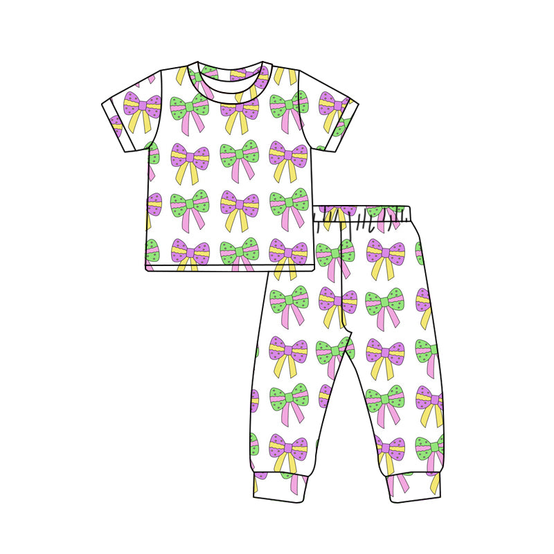 preorder GSPO1830 Mardi Gras purple green bows short sleeve pants girls set