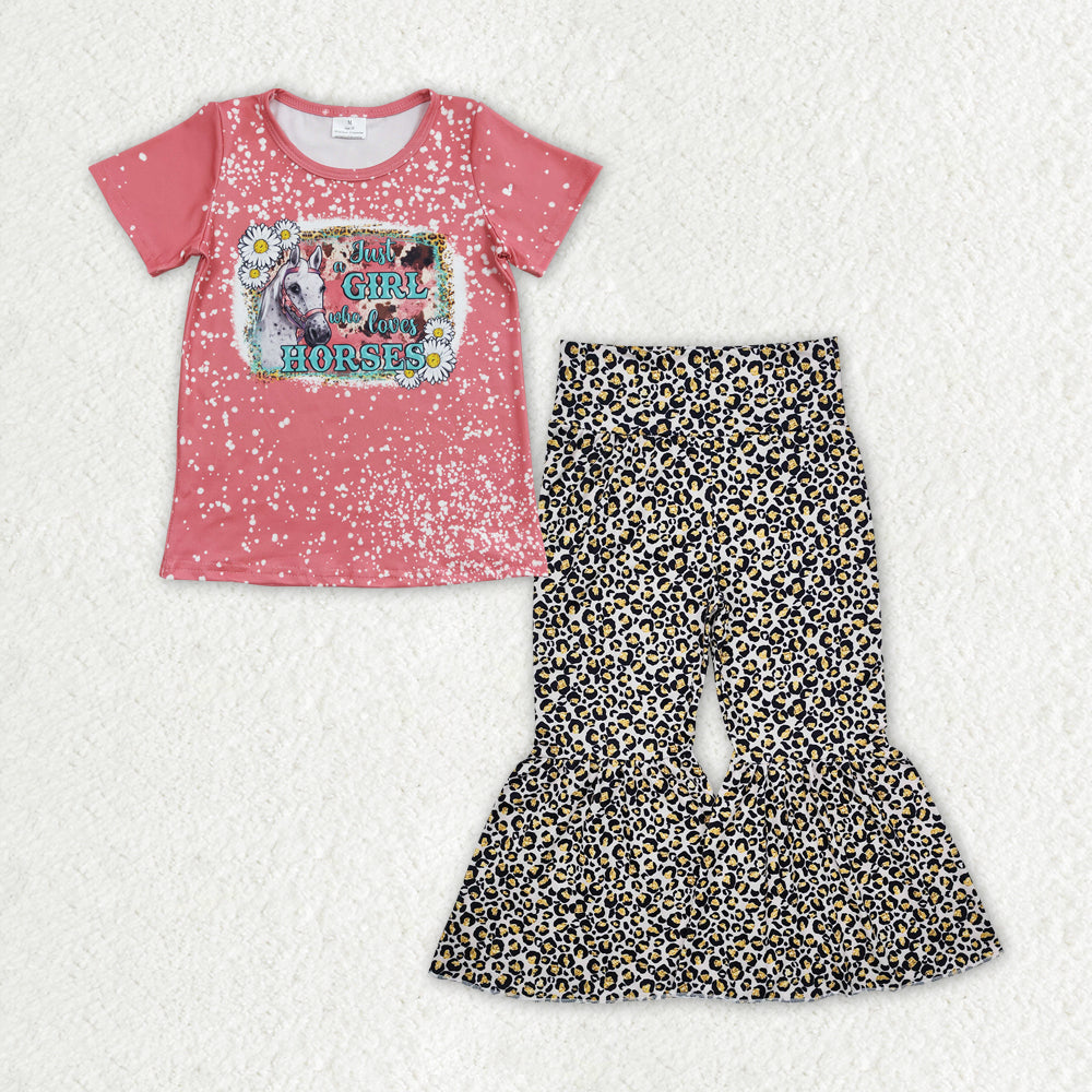 GSPO1839 Western just girl cow flowers pink short sleeve leopard pants girls set