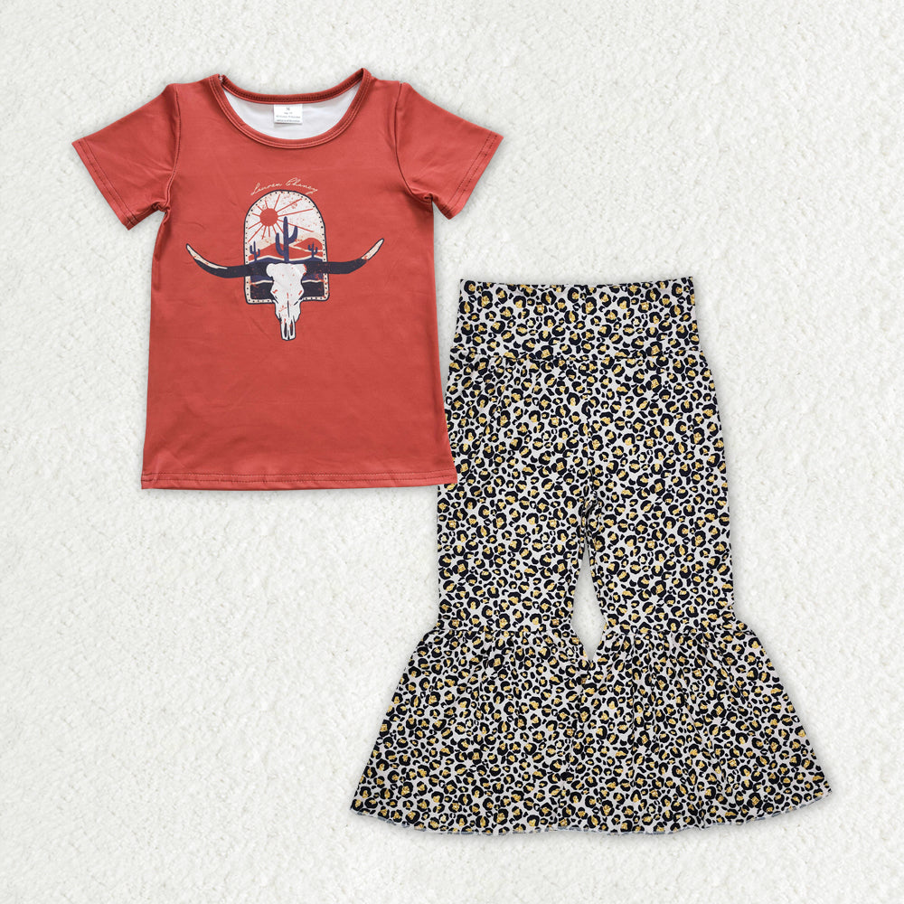 GSPO1841 Western cow cactus sun red short sleeve leopard pants girls set