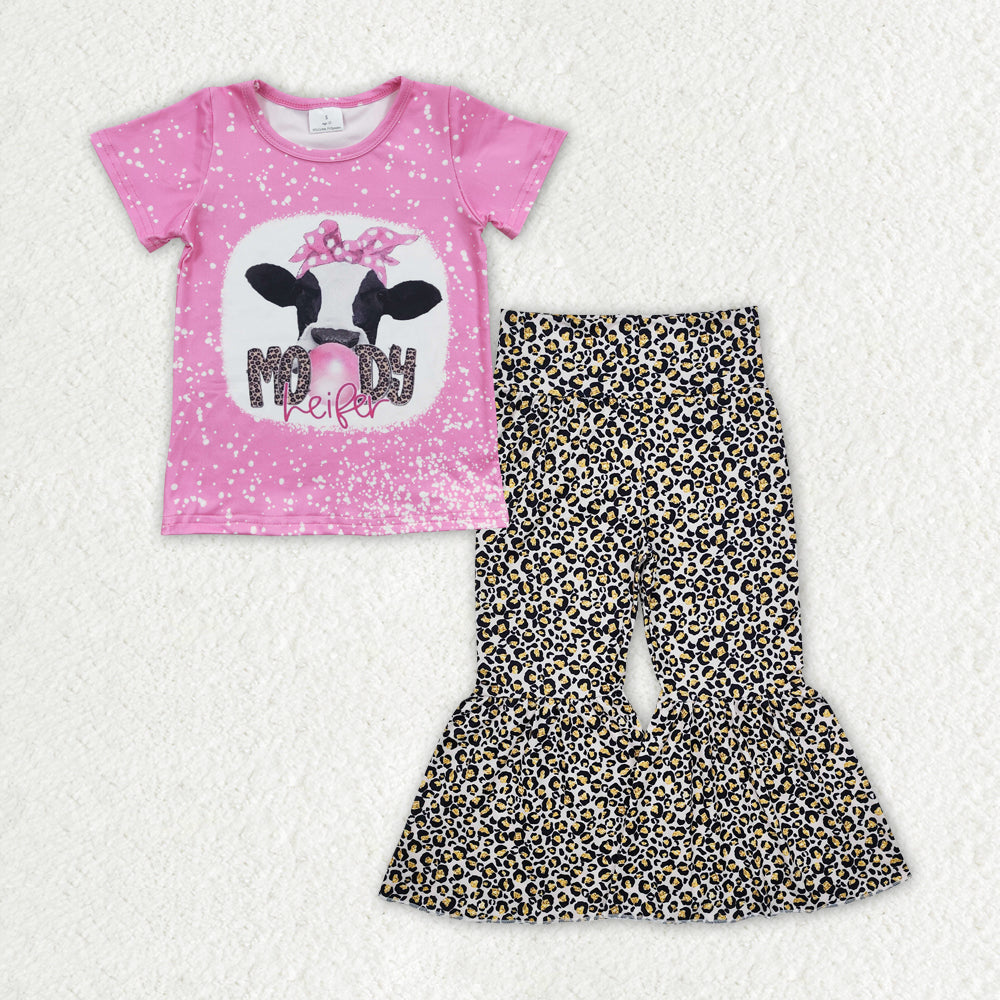 GSPO1843 Western moody cow hot pink short sleeve leopard pants girls set