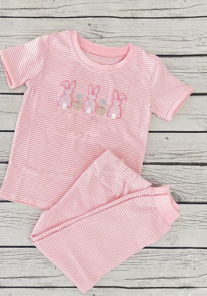 Preorder GSPO1844 Easter egg bunny rabbit pink striped short sleeve pants girls set