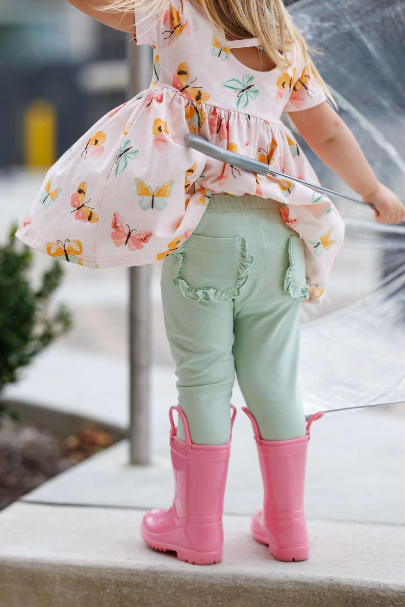 preorder GSPO1847 colorful butterfly pink short sleeve green pockets pants girls set