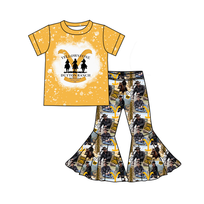 preorder GSPO1849 Western rodeo Yellowstone Y yellow short sleeve pants girls set