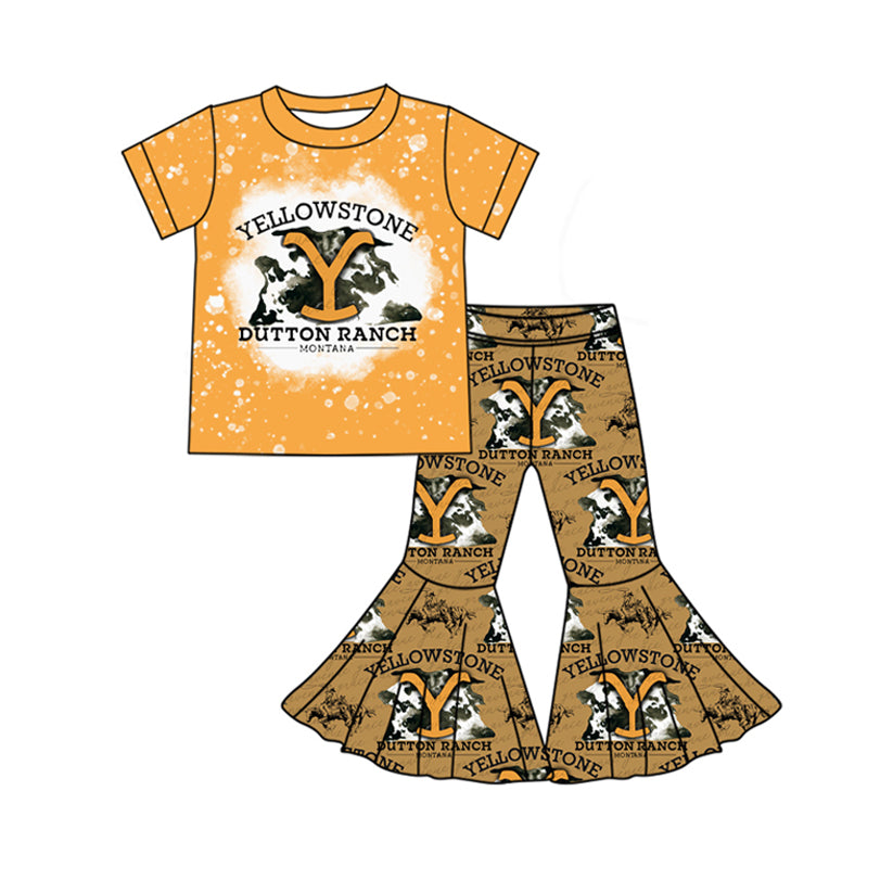 preorder GSPO1850 Western rodeo Yellowstone Y orange short sleeve pants girls set