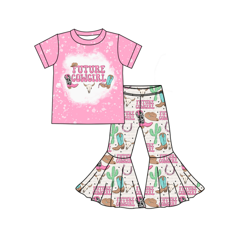 preorder GSPO1855 future cowgirl Western pink short sleeve cactus boot cow pants girls set
