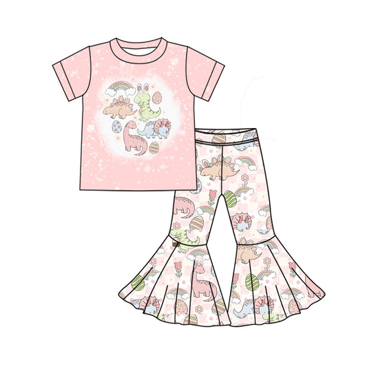 preorder GSPO1856 Easter egg dinosaur rainbow pink short sleeve pants girls set