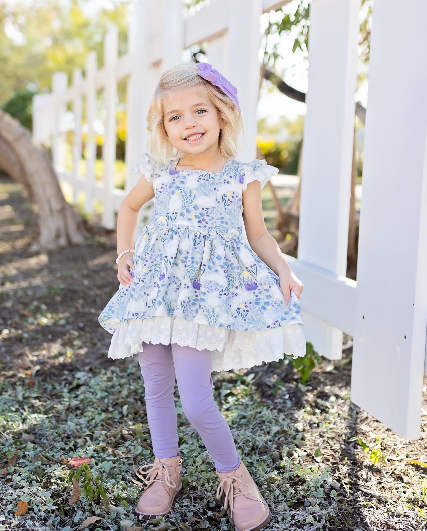 preorder GSPO1857 blue flowers flutter sleeve purple pants girls set