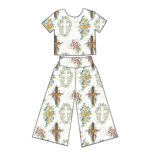 preorder GSPO1863 Easter Cross Flowers Short Sleeve Pants Girls Set