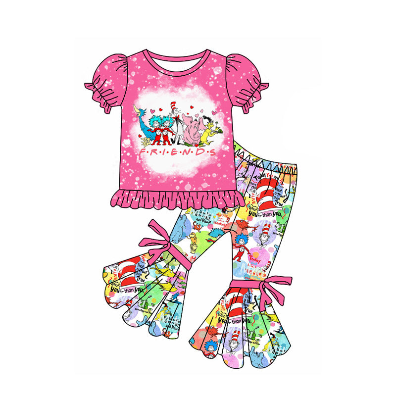 preorder GSPO1864 Friends Cartoon Dr Elephant Hot Pink Short Sleeve Bows Pants Girls Set
