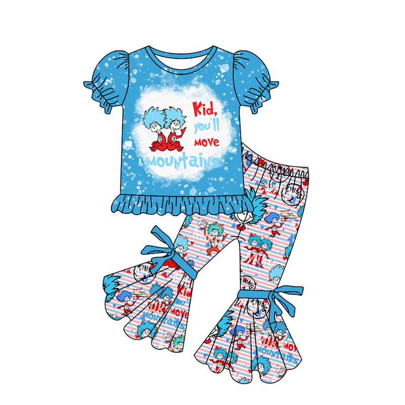 preorder GSPO1865 Cartoon Dr Elephant Blue Short Sleeve Bows Pants Girls Set