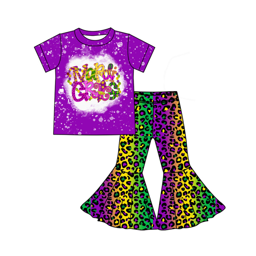 preorder GSPO1869 Mardi Gras Purple Short Sleeve Purple Yellow Green Leopard Pants Girls Set