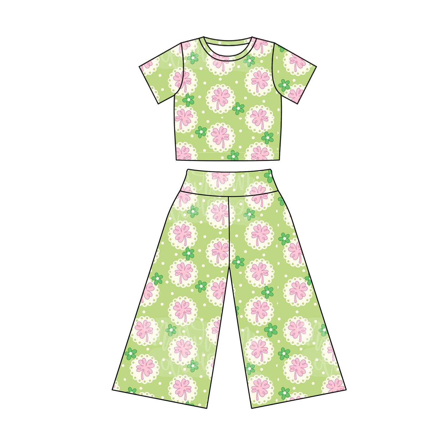 preorder GSPO1870 St.Patrick Pink Clover Green Short Sleeve Pants Girls Set