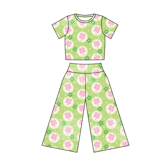 preorder GSPO1870 St.Patrick Pink Clover Green Short Sleeve Pants Girls Set