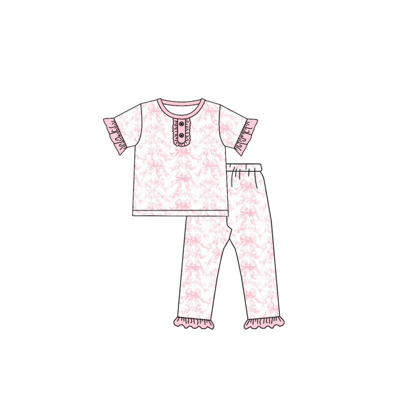 preorder GSPO1872 Pink Bows Flowers Short Sleeve Pants Girls Pajamas