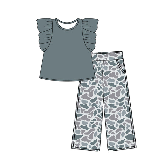 preorder GSPO1873 Hunting Camo Grey Flutter Sleeve Camo Pants Girls Set