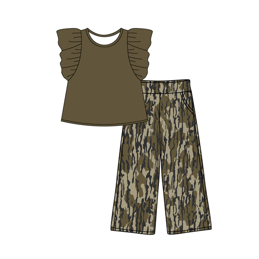 preorder GSPO1874 Hunting Camo Brown Flutter Sleeve Bottomland Camo Pants Girls Set