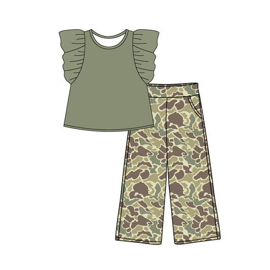 preorder GSPO1875 Hunting Camo Green Flutter Sleeve Camo Pants Girls Set