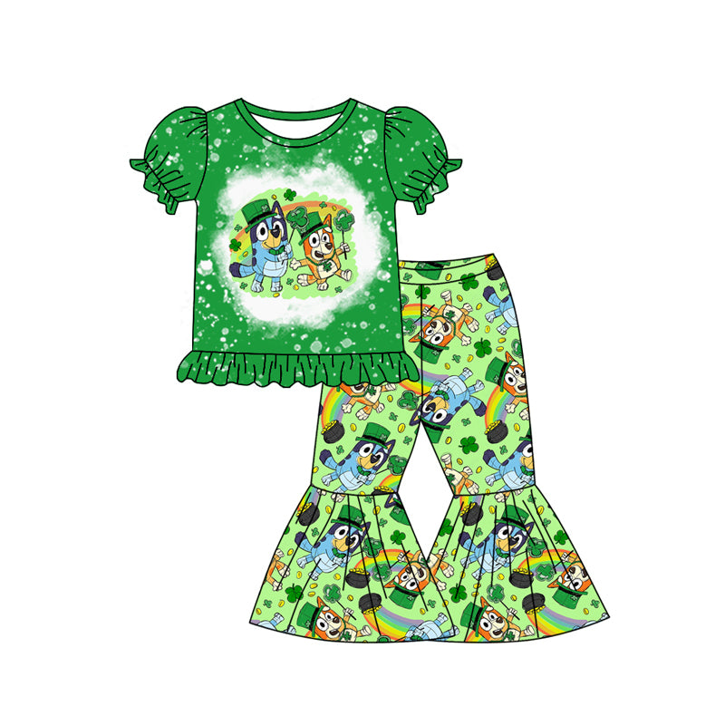 preorder GSPO1877 St.Patrick Blue Dog Clover Green Short Sleeve Pants Girls Set