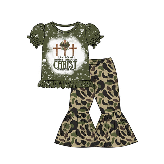 preorder GSPO1879 Easter Cross Bow Christ Dark Green Short Sleeve Camo Pants Girls Set