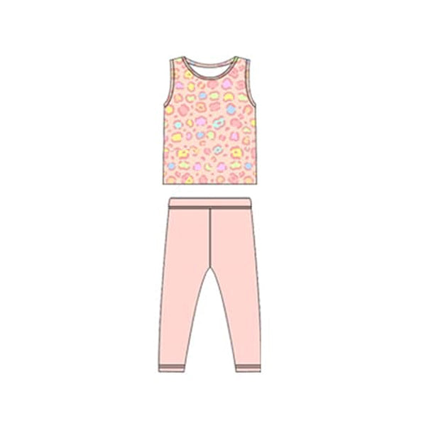 preorder GSPO1916 Pink Leopard Sleeveless Pink Pants Girls Set