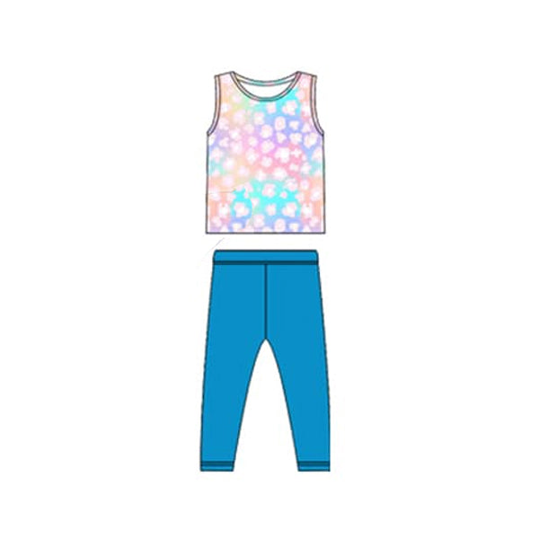 preorder GSPO1918 Colorful Leopard Sleeveless Blue Pants Girls Set