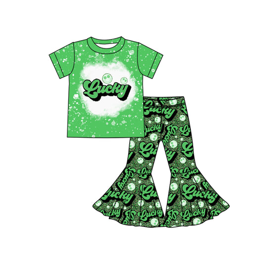 preorder GSPO1924 St. Patrick Lucky Smile Short Sleeve Green Leopard Pants Girls Set