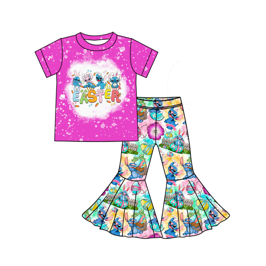 preorder GSPO1926 Easter Animals Mouse Hot Pink Short Sleeve Egg Flowers Pants Girls Set