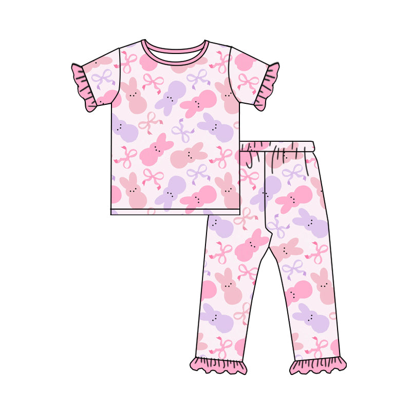 preorder GSPO1927 Easter Bunny Rabbit Bows Pink Purple Short Sleeve Pants Girls Pajamas