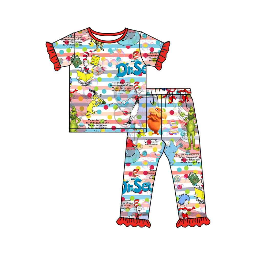 preorder GSPO1934 Cartoon Dr Elephant Rainbow Striped Red Short Sleeve Pants Girls Pajamas