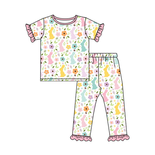 preorder GSPO1935 Easter Bunny Rabbit Flowers Pink Short Sleeve Pants Girls Pajamas