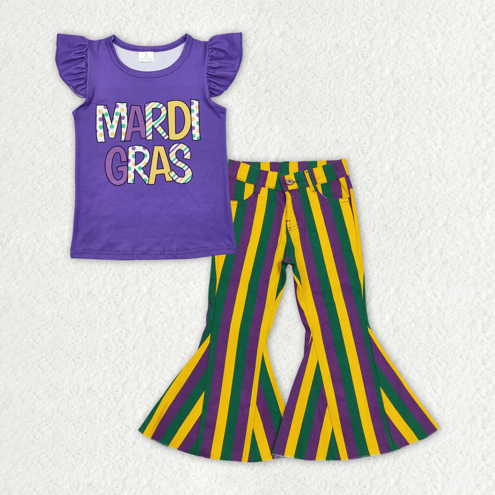 GSPO1938 Mardi Gras purple flutter sleeve green yellow striped jeans bell bottom girls set