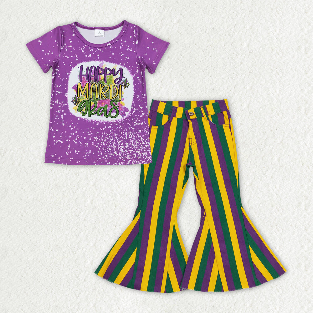 GSPO1939 Mardi Gras purple short sleeve green yellow striped jeans bell bottom girls set