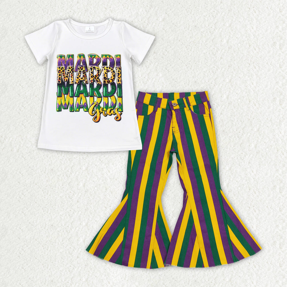 GSPO1940 Mardi Gras white short sleeve green yellow striped jeans bell bottom girls set