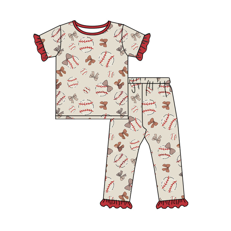 preorder GSPO1945 Baseball Girl Bows Red Short Sleeve Pants Girls Pajamas