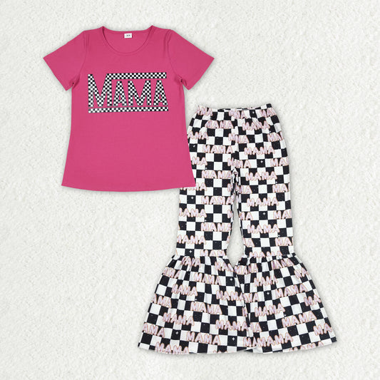 GSPO1948 MAMA Hot Pink Short Sleeve MAMA Black Checkered Pants Adult Women Set