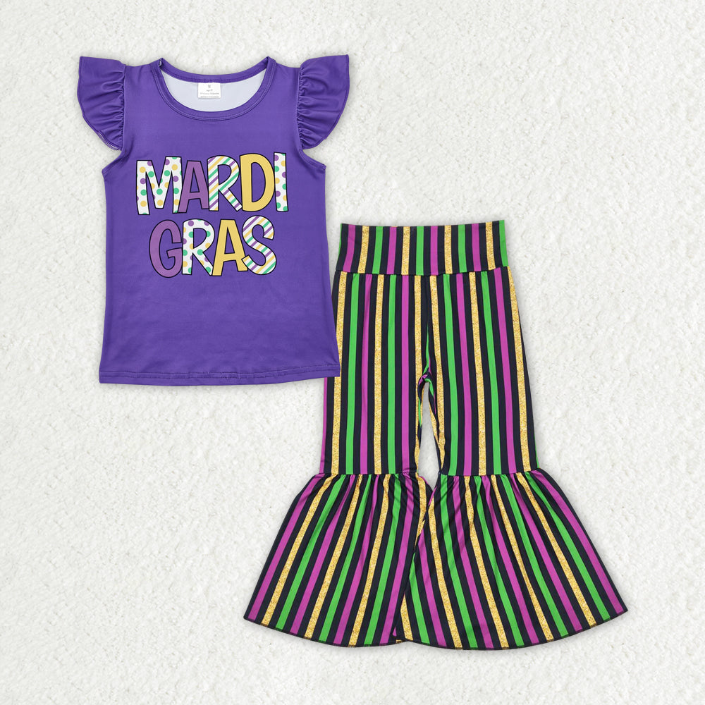 GSPO1949 Mardi Gras Purple Flutter Sleeve Green Yellow Purple Striped Pants Girls Set