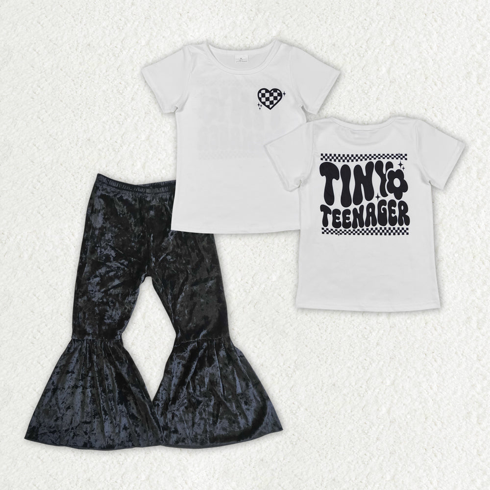 GSPO1957 ting teenager heart short sleeve black velvet pants girls set