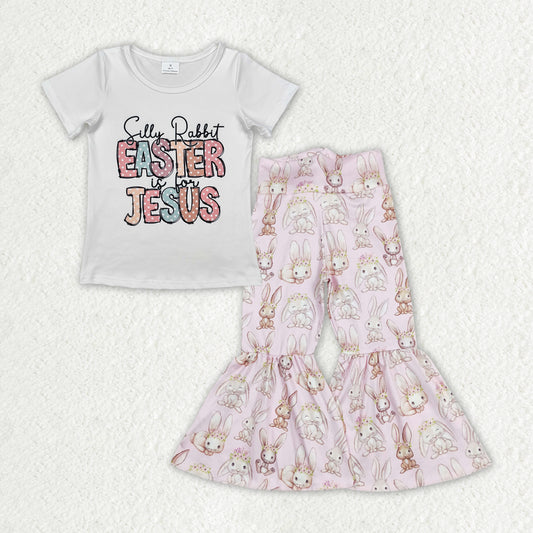 GSPO1963 Easter Jesus short sleeve bunny rabbit pink pants girls set