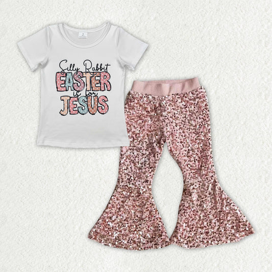 GSPO1964 Easter Jesus short sleeve pink sequin pants girls set