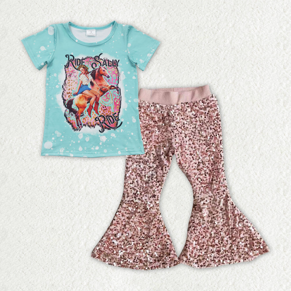 GSPO1965 Western rodeo blue short sleeve pink sequin pants girls set