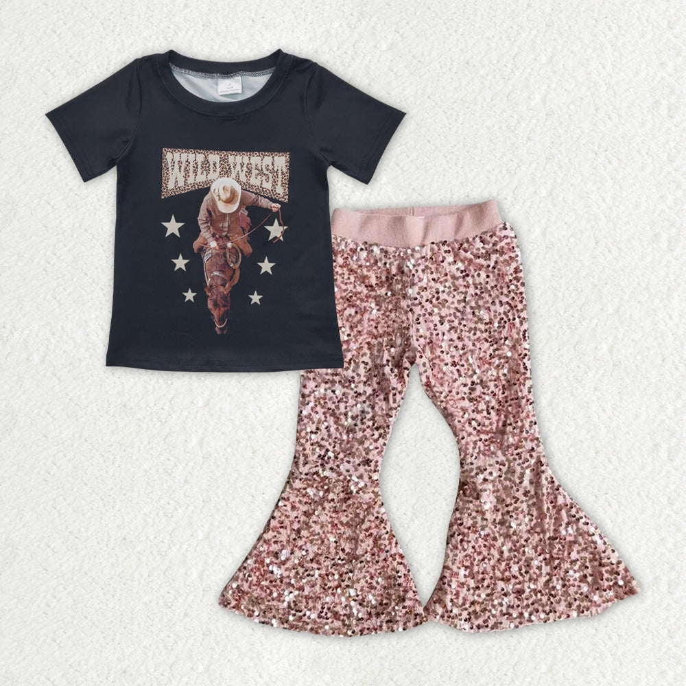 GSPO1966 wild west rodeo black short sleeve pink sequin pants girls set
