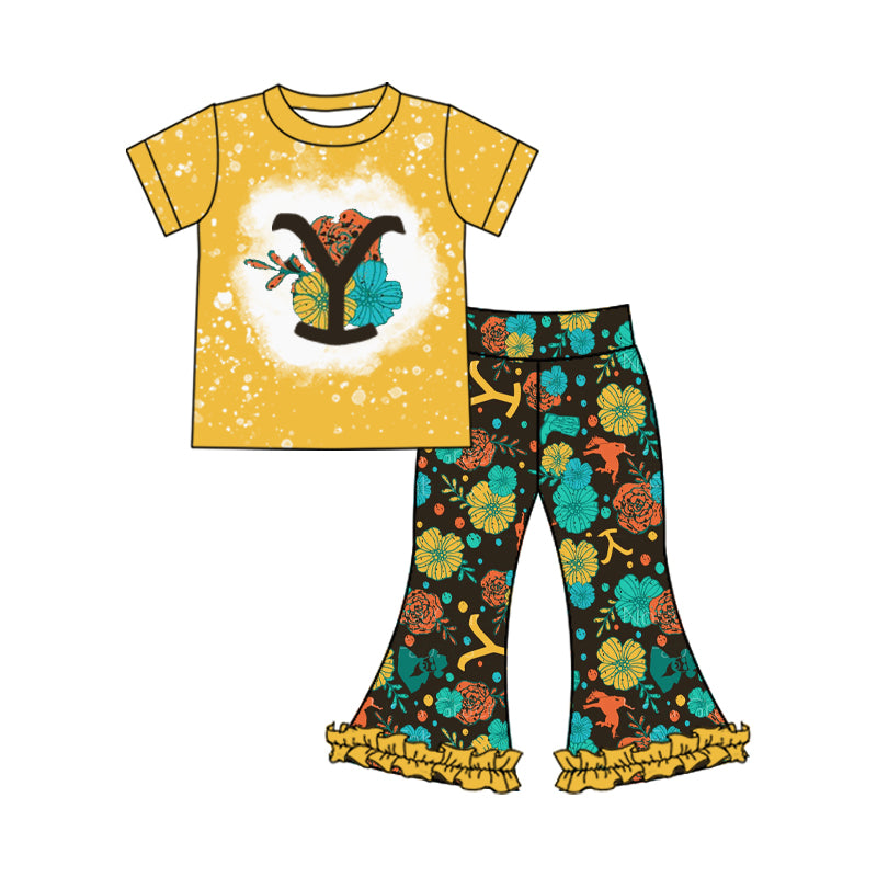 preorder GSPO1971 singer Y flowers yellow short sleeve pants girls set