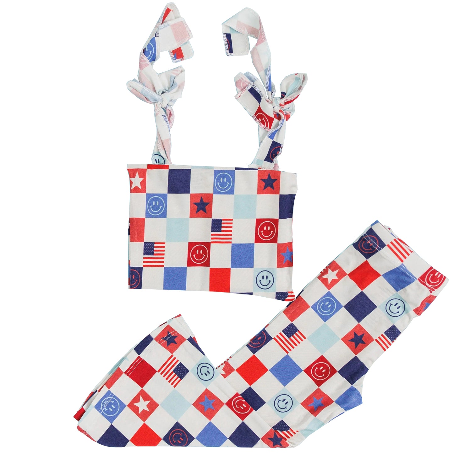 preorder GSPO1973 July 4th smile flag star red blue checkered straps pants girls set