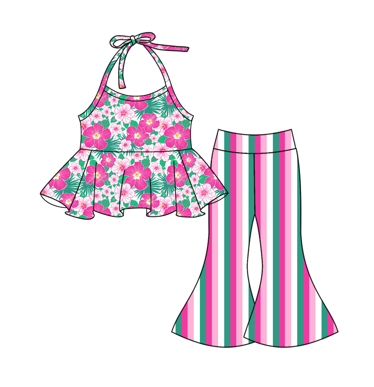 preorder GSPO1976 Hot Pink Flowers Straps Pink Green Striped Pants Girls Set