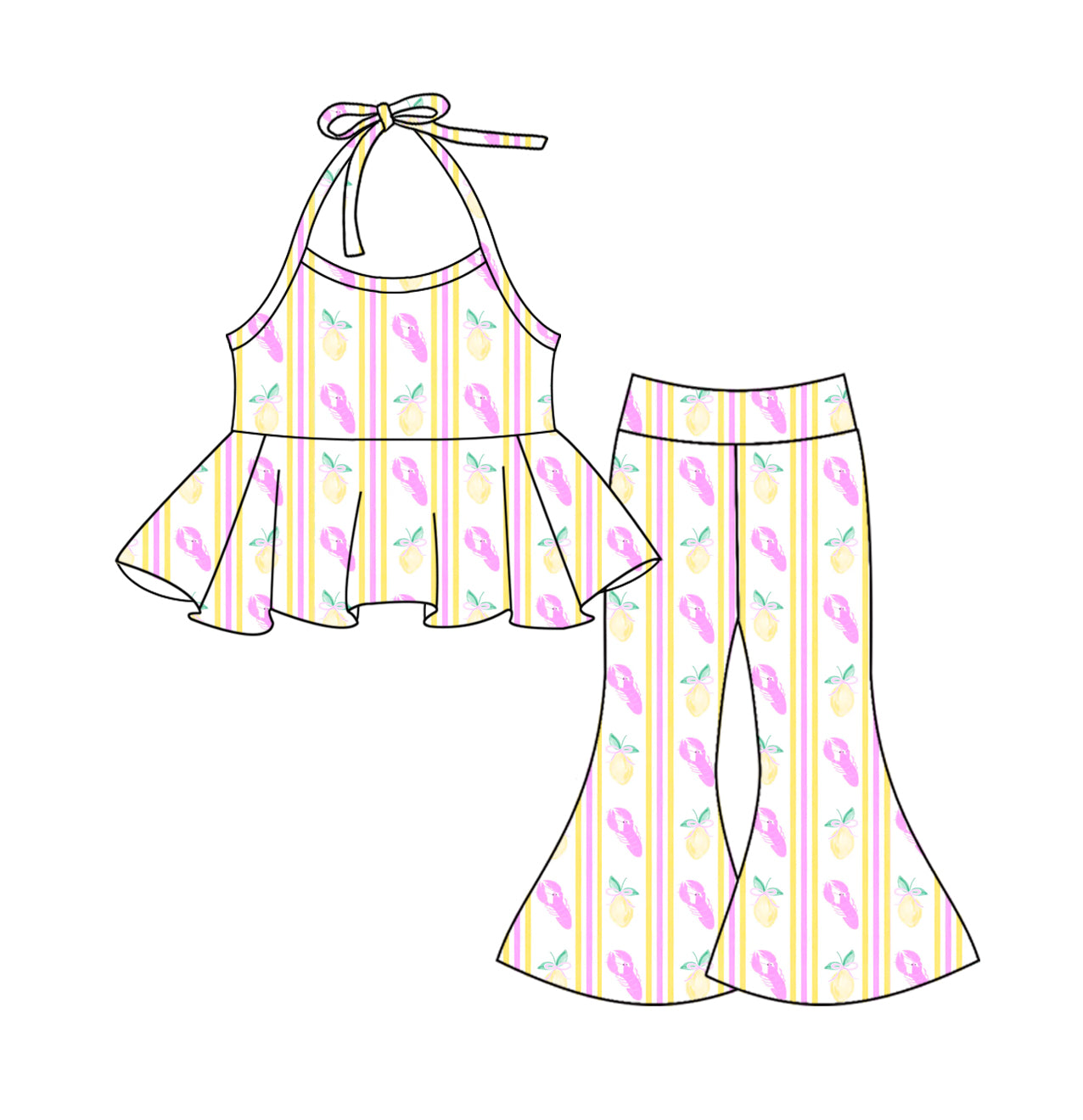 preorder GSPO1977 Purple Crab Yellow Straps Yellow Striped Pants Girls Set
