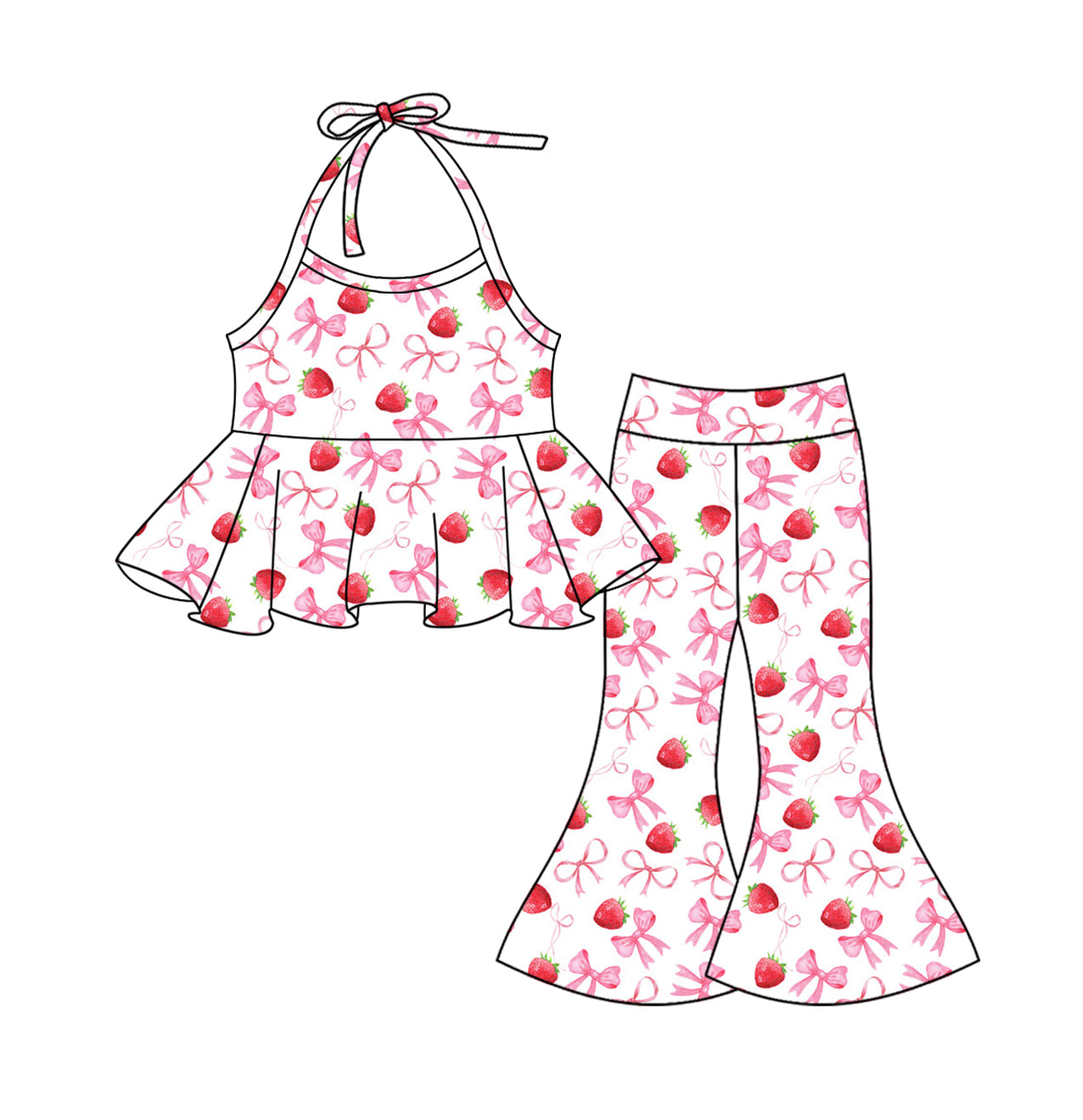 preorder GSPO1978 Pink Bows Red Strawberry Straps Pants Girls Set