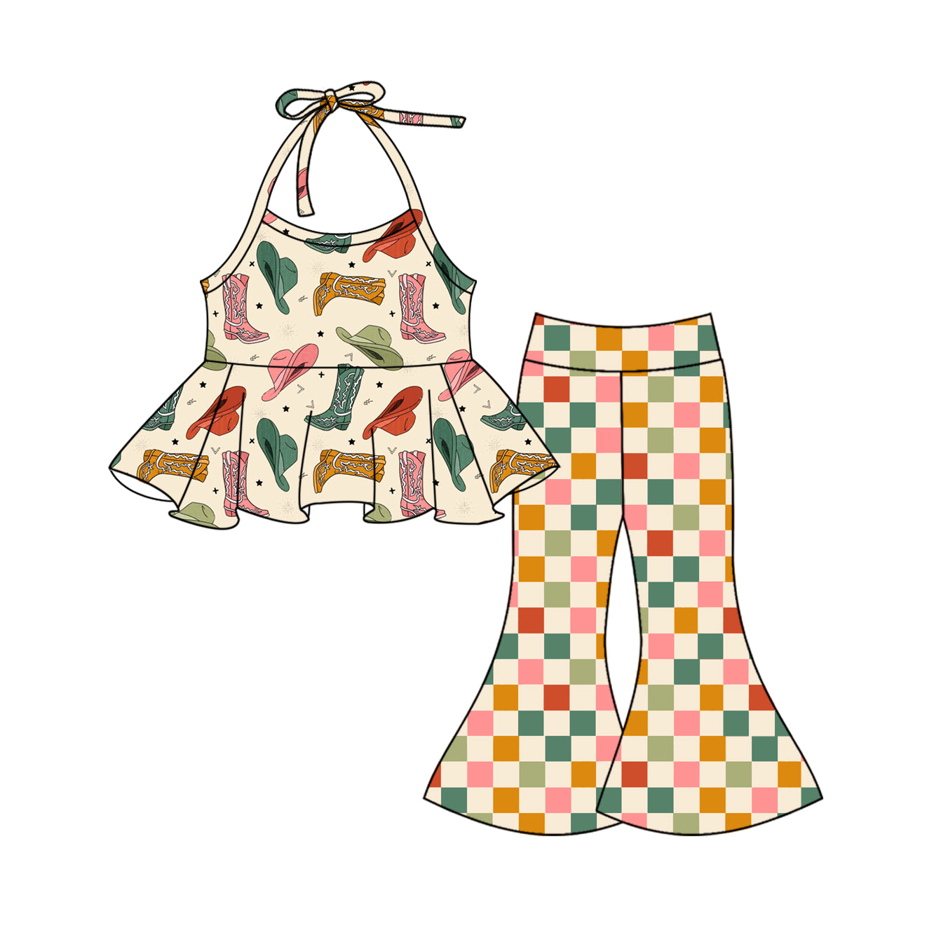 preorder GSPO1985 Western Colorful Hat Boot Straps Checkered Pants Girls Set
