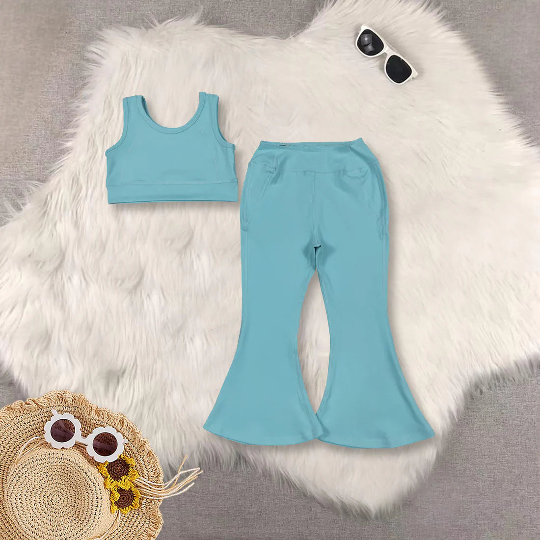 yoga soild color blue girls set RTS Sibling Clothes