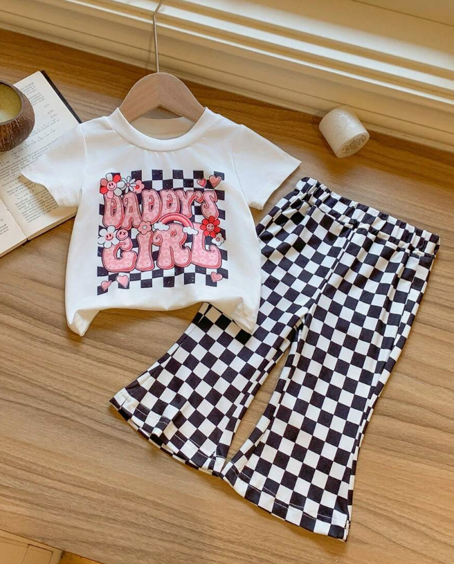 preorder GSPO2011 daddy's girl flowers short sleeve black checkered pants girls set