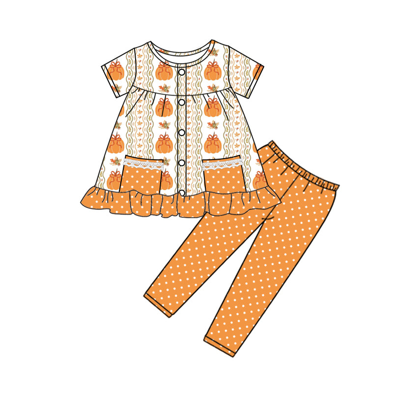 preorder GSPO2022 pumpkin pockets flowers short sleeve orange dot pants girls set